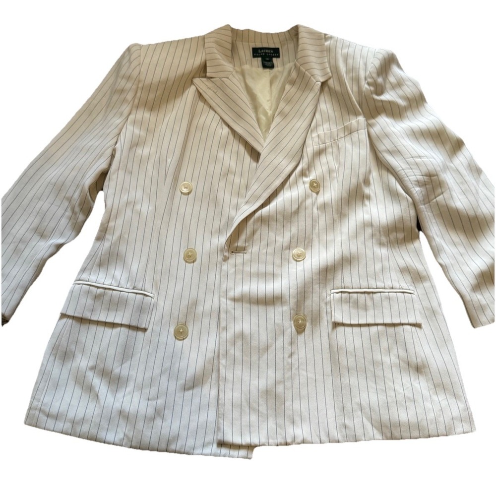 LAUREN RALPH LAUREN Double Breasted Blazer 100%‎ Silk Pinstripe Women SZ 16